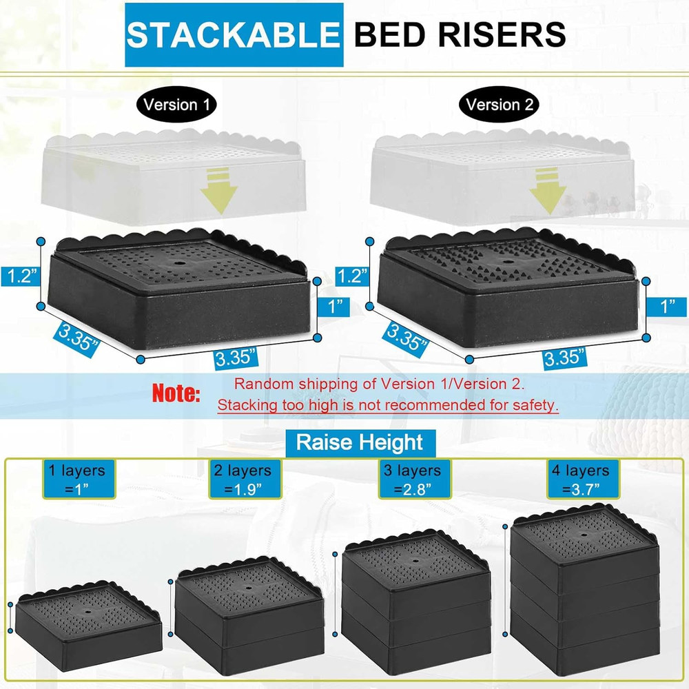 4 Pack Bed Risers 1" 2" 3" 4" Heavy Duty Adjustable Furniture Stackable Black