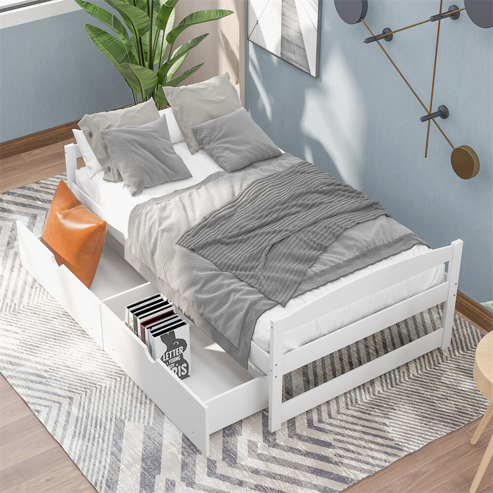 Twin Size Platform Bed Two Drawers White Solid Wood Frame Simple Single-layer
