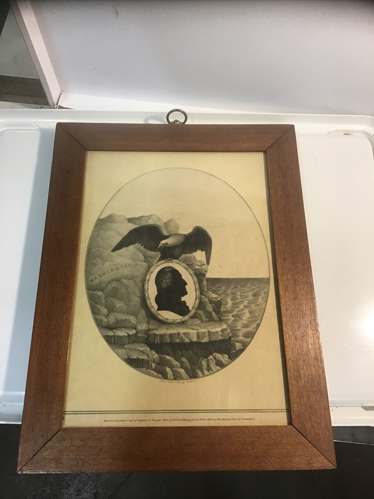 E.B & E.C. Kellogg 1844 Lithograph George Washington Cameo&Eagle Perched Framed