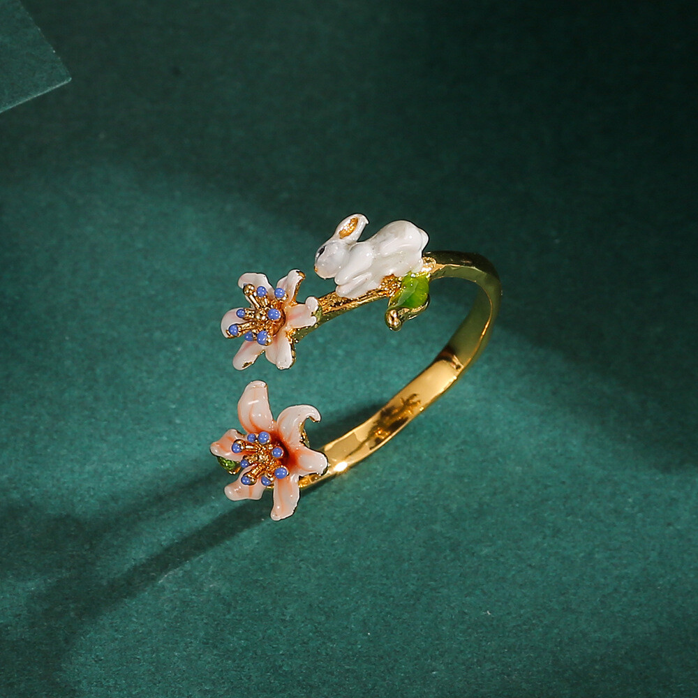 Original Design Enamel Flower Rabbit Bunny Ring Size Adjustable