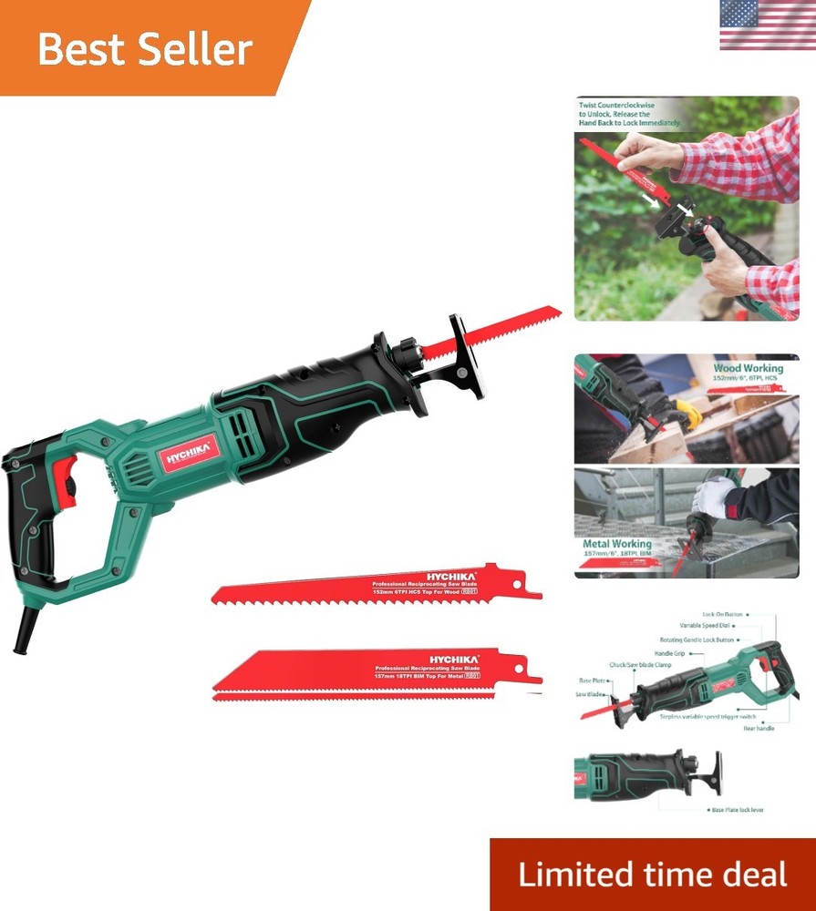 Compact 720W Corded Reciprocating Saw with Variable Speed Control - Green/Black