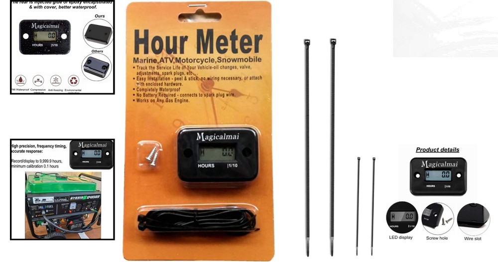 Precision Inductive Hour Meter for Lawn Mowers & Generators - 9,999.9 Hours