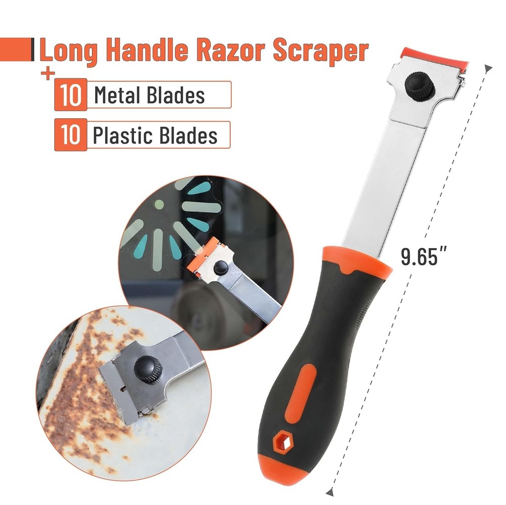 Long Handle Razor Blade Scraper, Razor Scraper with Extra 10 Metal & 10 Plastic