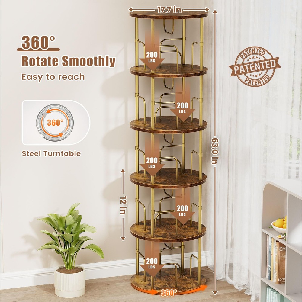 5 Tier Rotating Bookshelf, 360 ° Display Stackable Spinning Bookshelf Tower, ...