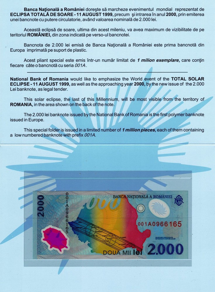 1999 Romania 2000 Lei Polymer Banknote P111b Solar Eclipse Polymer Folder