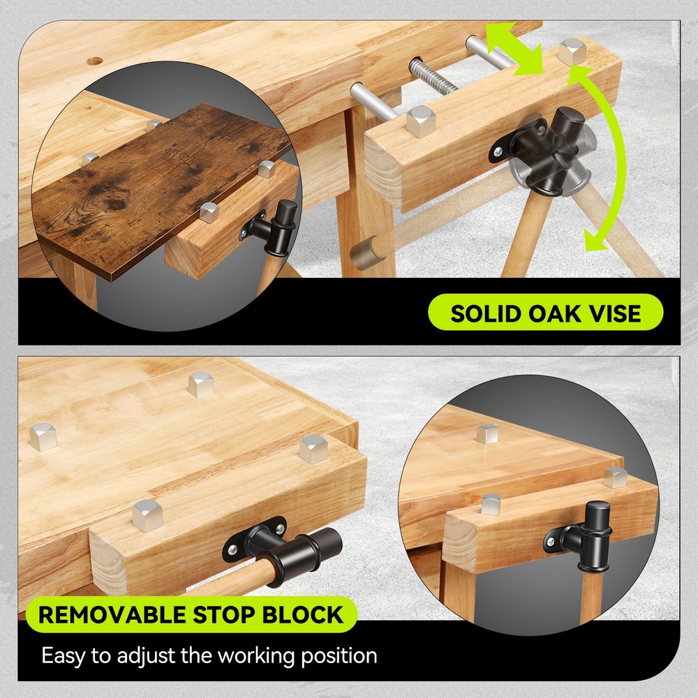 Solid Oak Wood Workbench Work Desk w/ 2 Drawers + Open Space + Adjustable Handle
