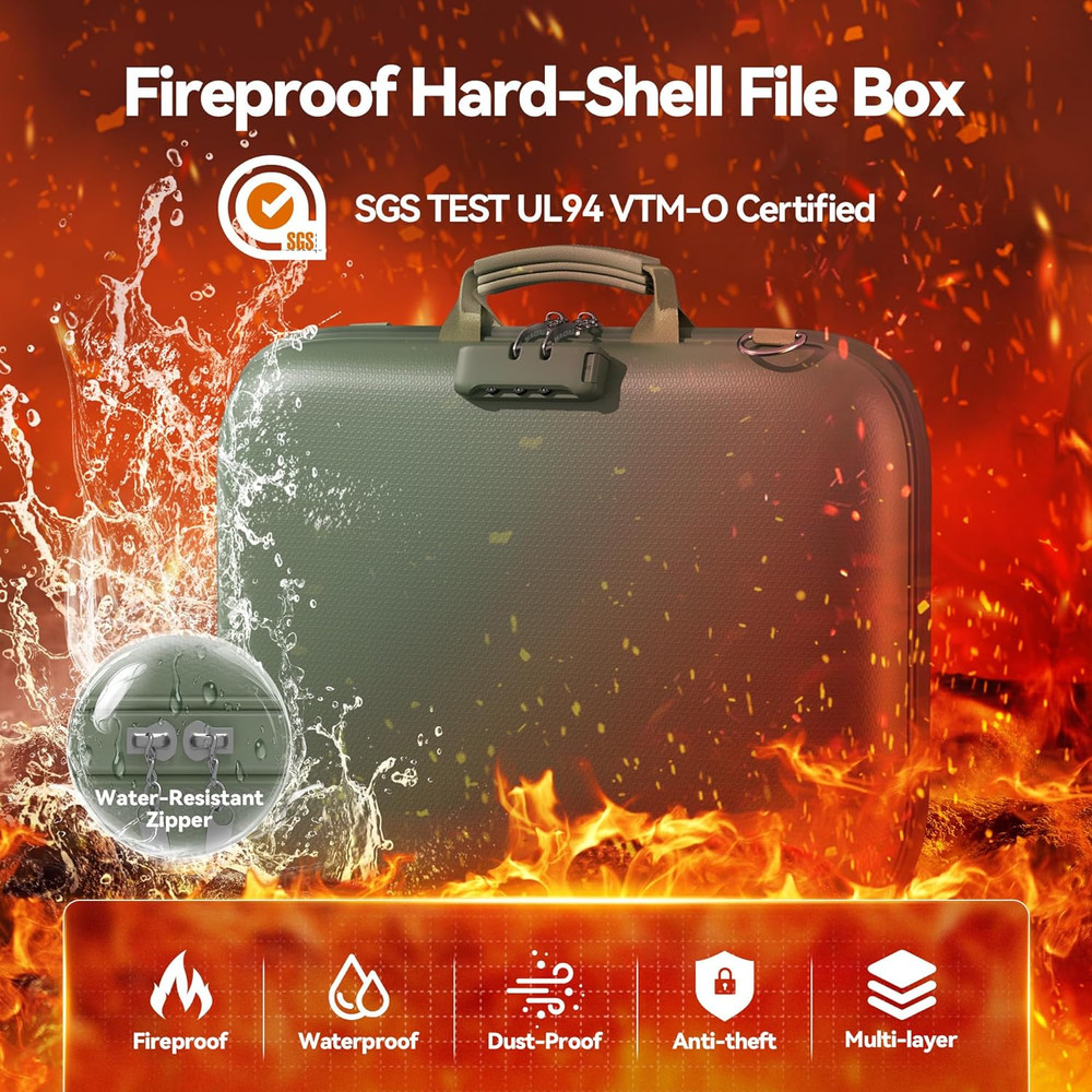 Fireproof Document Box with Lock & Shoulder Strap, Hard-Shell Fireproof