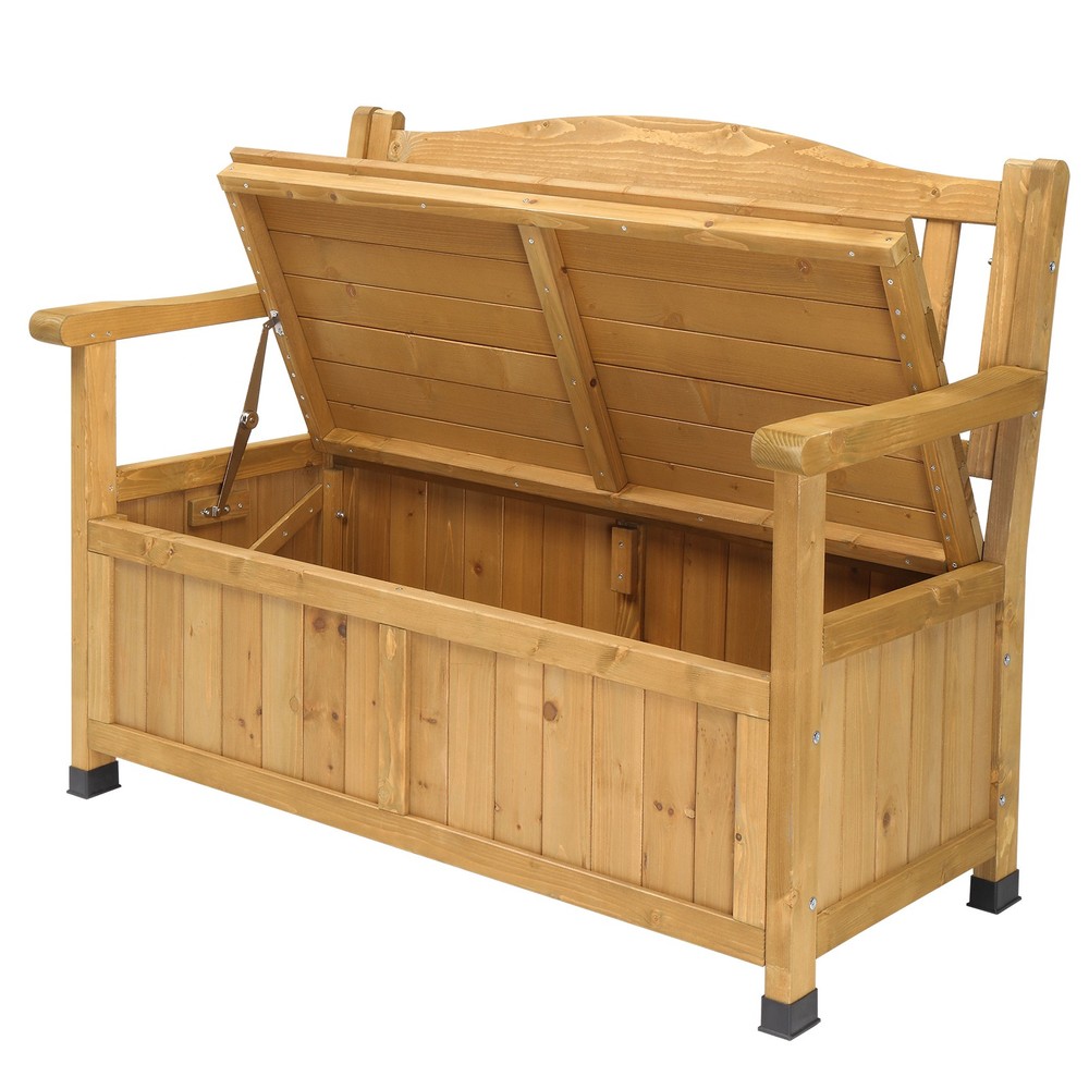 Yard Storage Bench Deck Box Wood Seating Container Tools Toys with Backrest