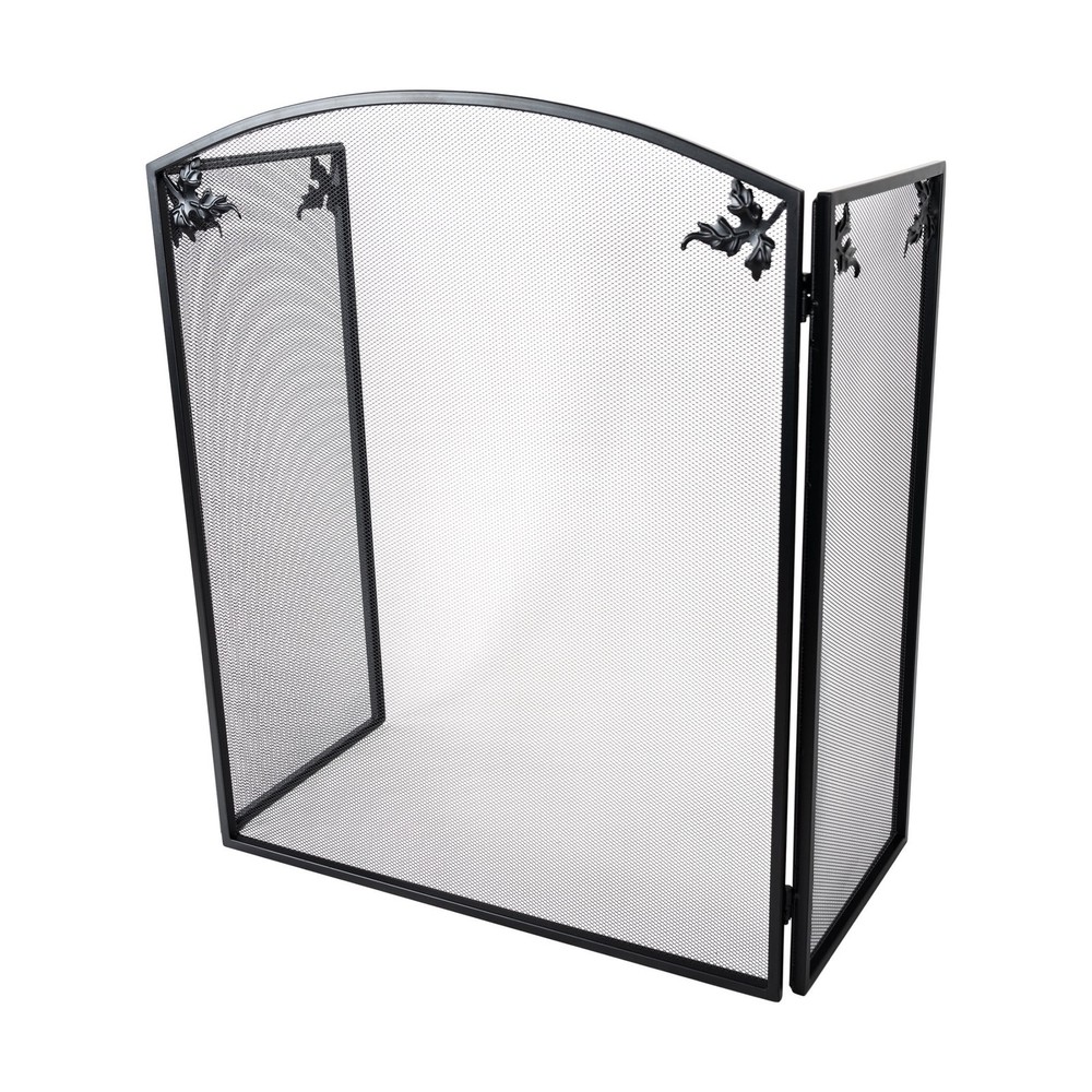 3 Panel Foldable Black Fireplace Screen Arched Fireplace Gate W/ Classic Leaf