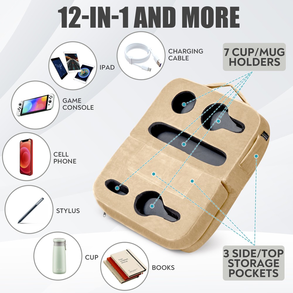 TabCouchCaddy - Couch Cup Holder Tray & Tablet Pillow Stand - Bed, Couch Caddy