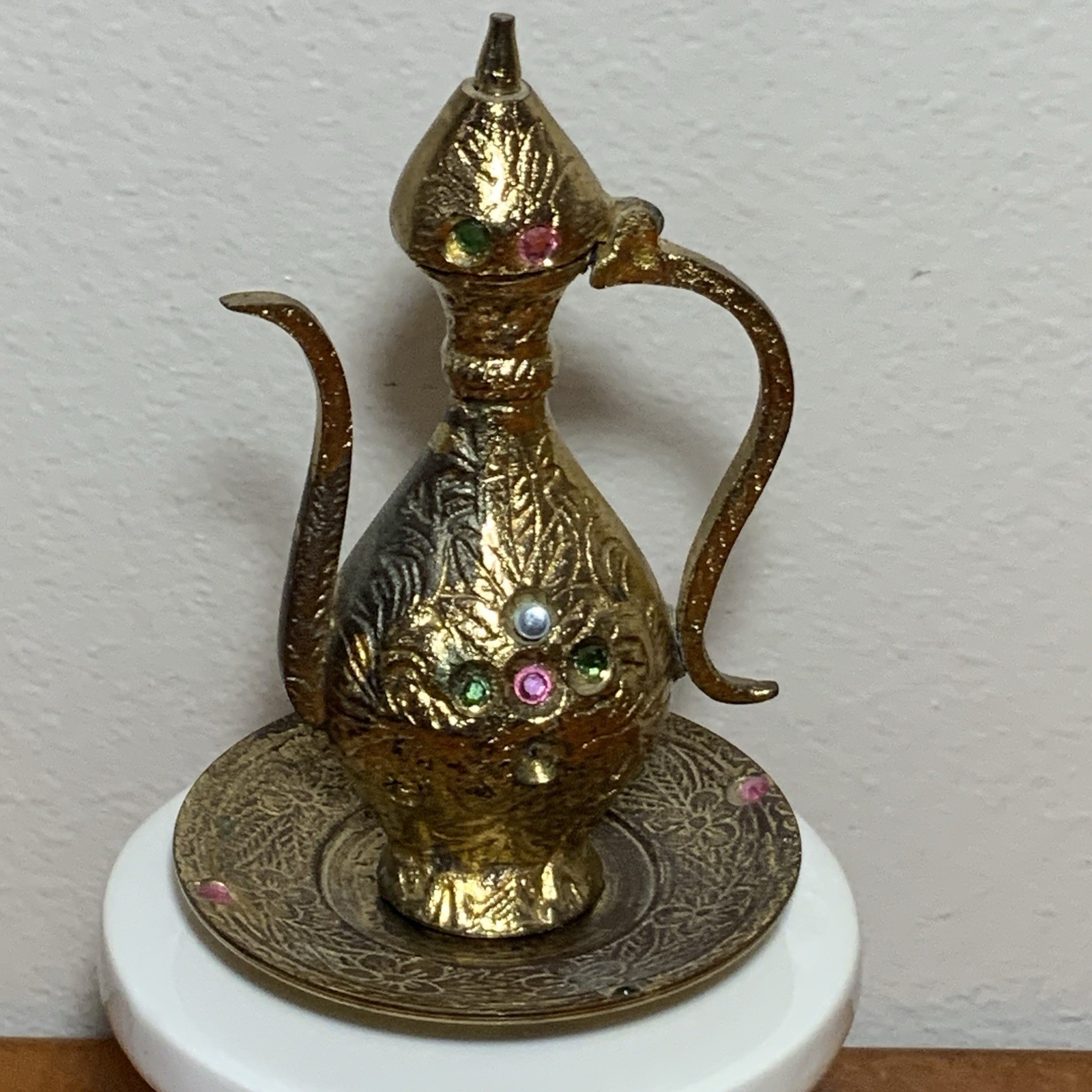 Vintage India Brass Mini Ewer Jeweled Saucer Broken Lid Middle Eastern Decor
