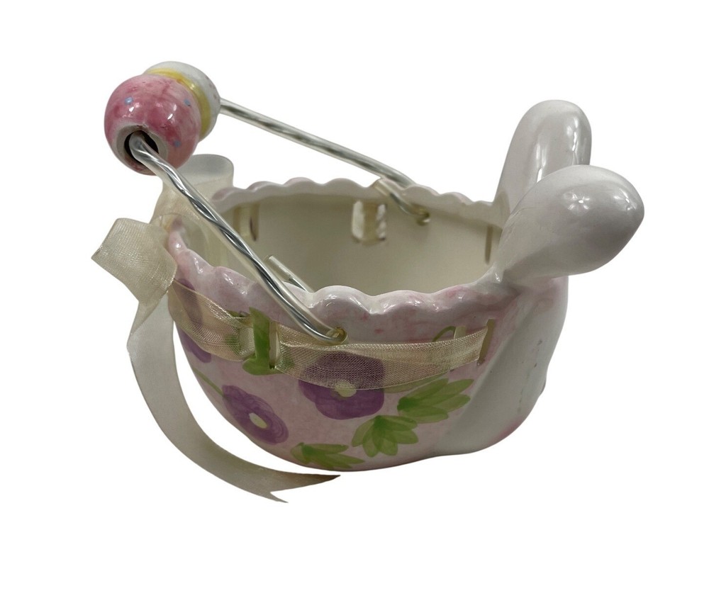 Ceramic Bunny Easter Basket With Painted Floral Design & Beaded Metal Handle