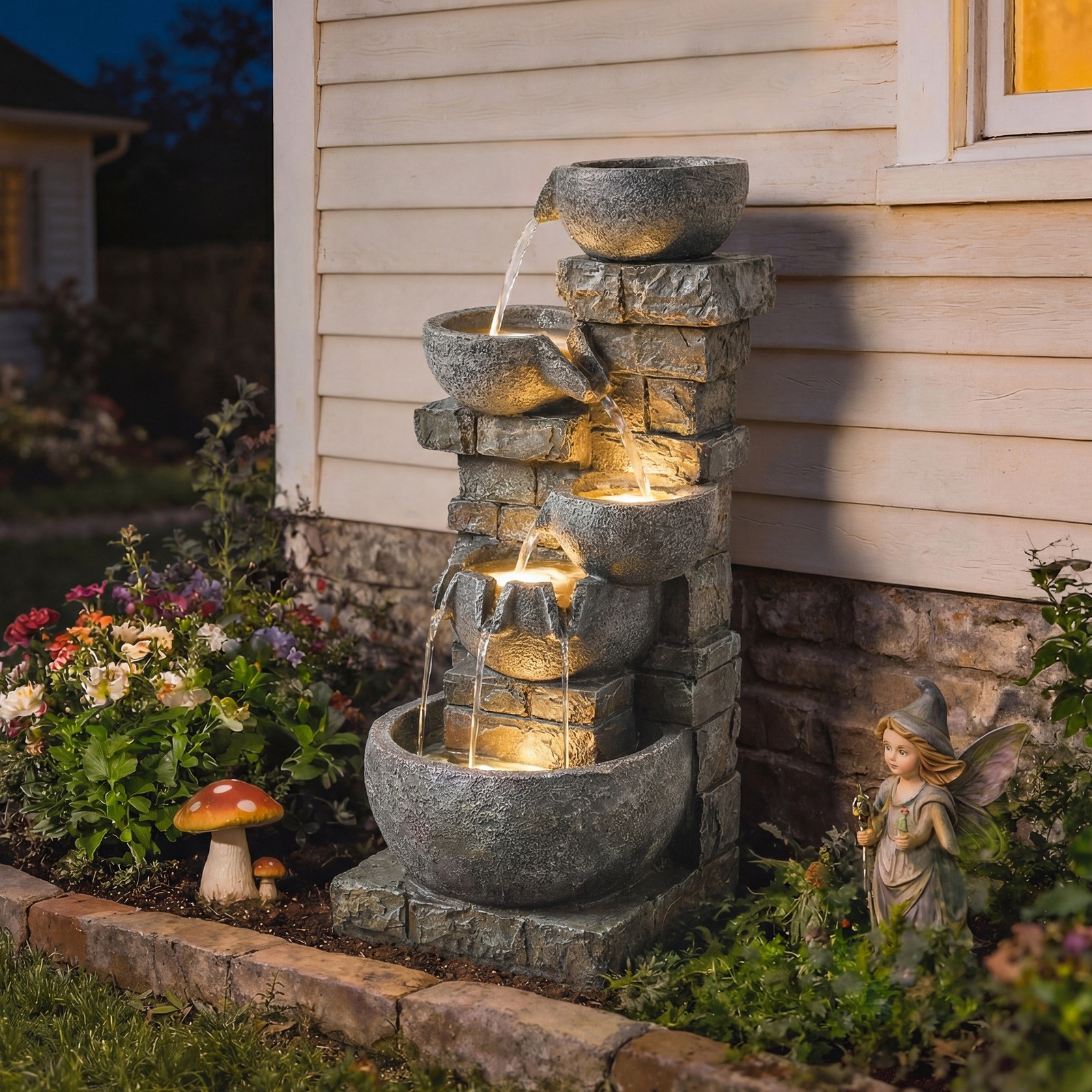 Outsunny 5 Tiers Outdoor Water Fountain with LED Lights for Garden, Gray
