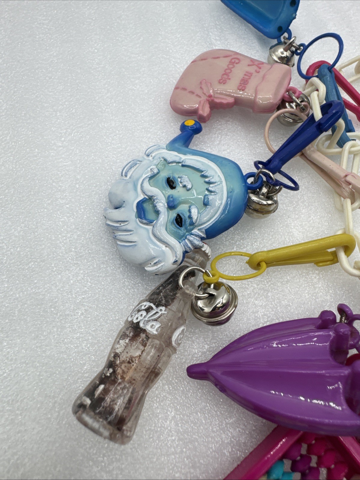 Vintage 1980's Plastic Bell Charm Clip Necklace w 2 Chains and 34 Charms.