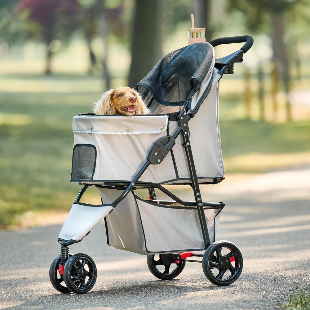 Lightweight Khaki Pet Stroller with Adjustable Canopy, Cup Holder & Brake System