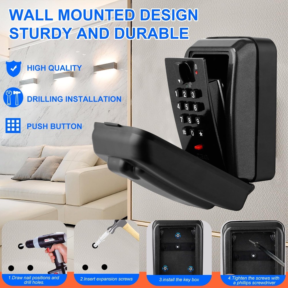 Key Lock Box, 12-Digit Code, Weatherproof Wall Mount, Large Capacity 5-8 Keys...