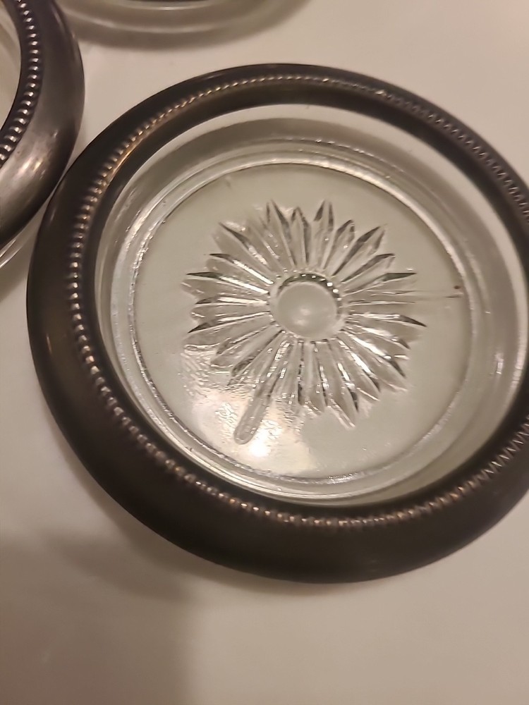 3 Leonard silver-plated rim glass coasters
