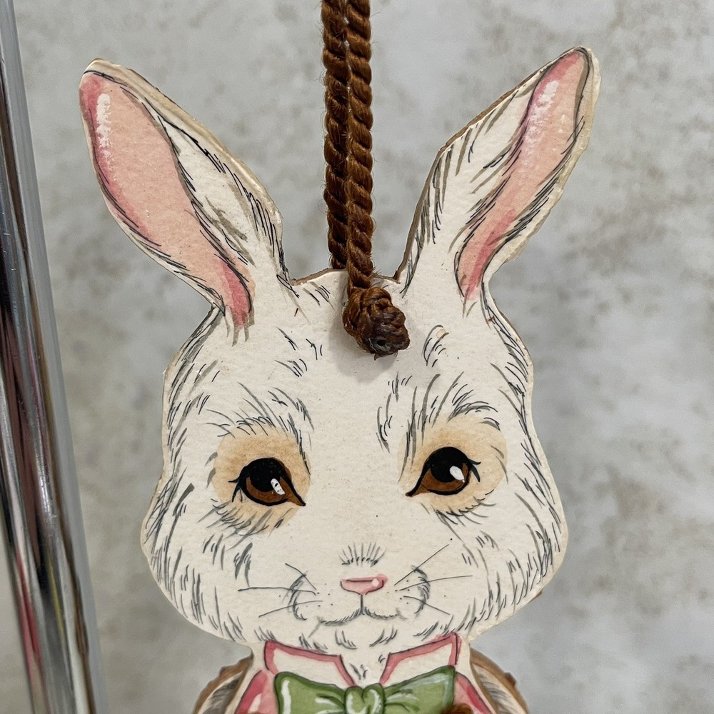Vintage Paper Mounted on Wood Easter Rabbit Pull-String Toy Jumping Puppet 9” H