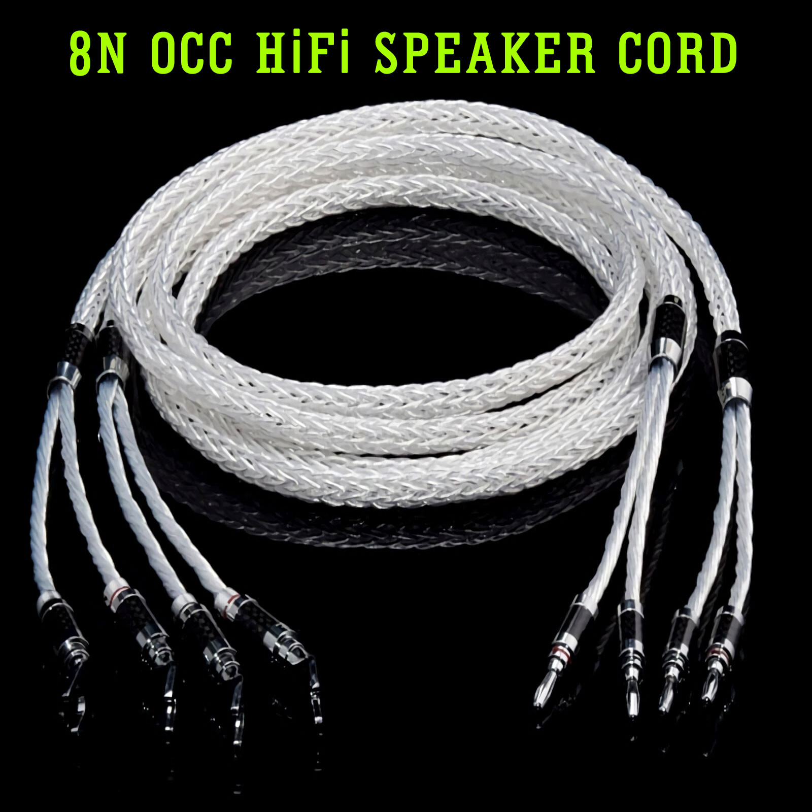 8 Awg HiFi Speaker Wire Cable Silver Plate 8N OCC Carbon Fiber Banana Spade Cord