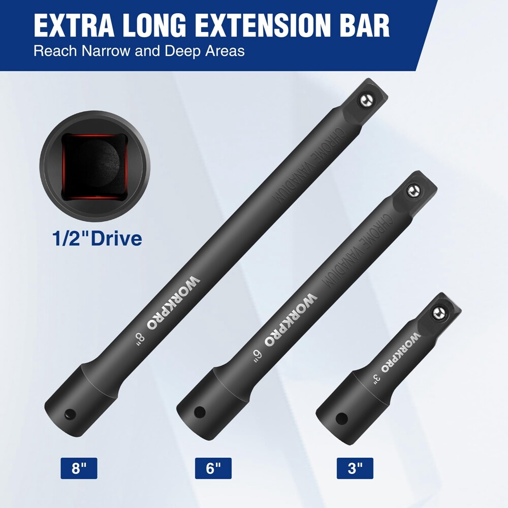 NEW 1/2inch Drive Impact Extension Bar Set 3PC Socket Extensions 3” 6” 8” w/Tray