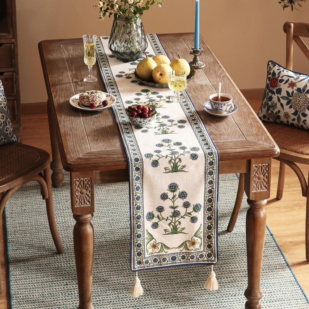 patdrea Designer Blue Rustic Elegant Floral Patterned Linen Table Runner 102 ...