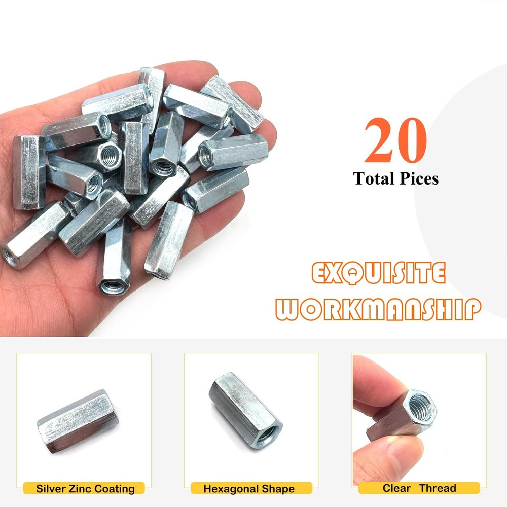 20Pcs 1/4"-20 Hex Coupling Nut, Threaded Rods Coupling Nuts Zinc Plating Exte...