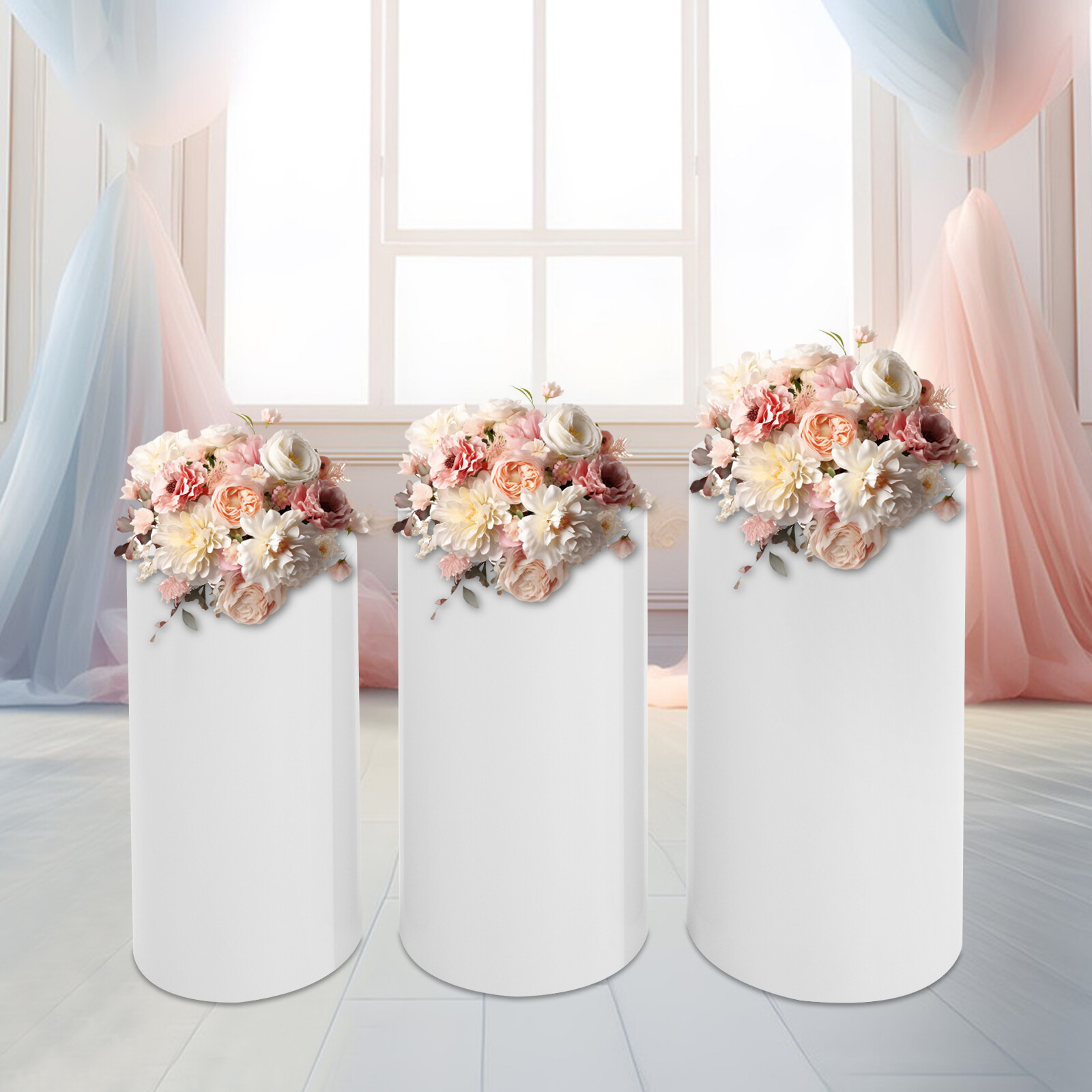 3 Pcs Round Cylinder Pedestal Stand For Wedding Party Display Stand Decor White