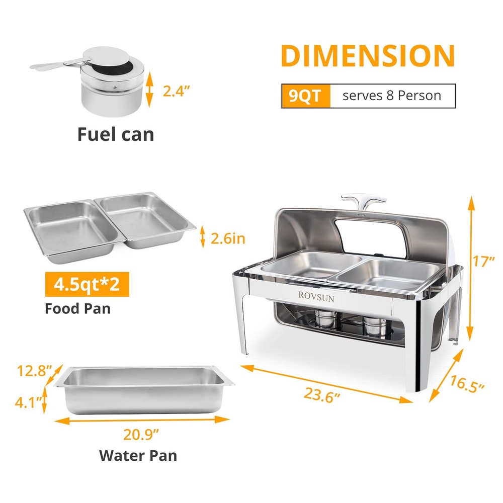 Roll Top Chafing Dish Buffet Set,NSF 9 Quart Rectangular Stainless Steel Chaf...