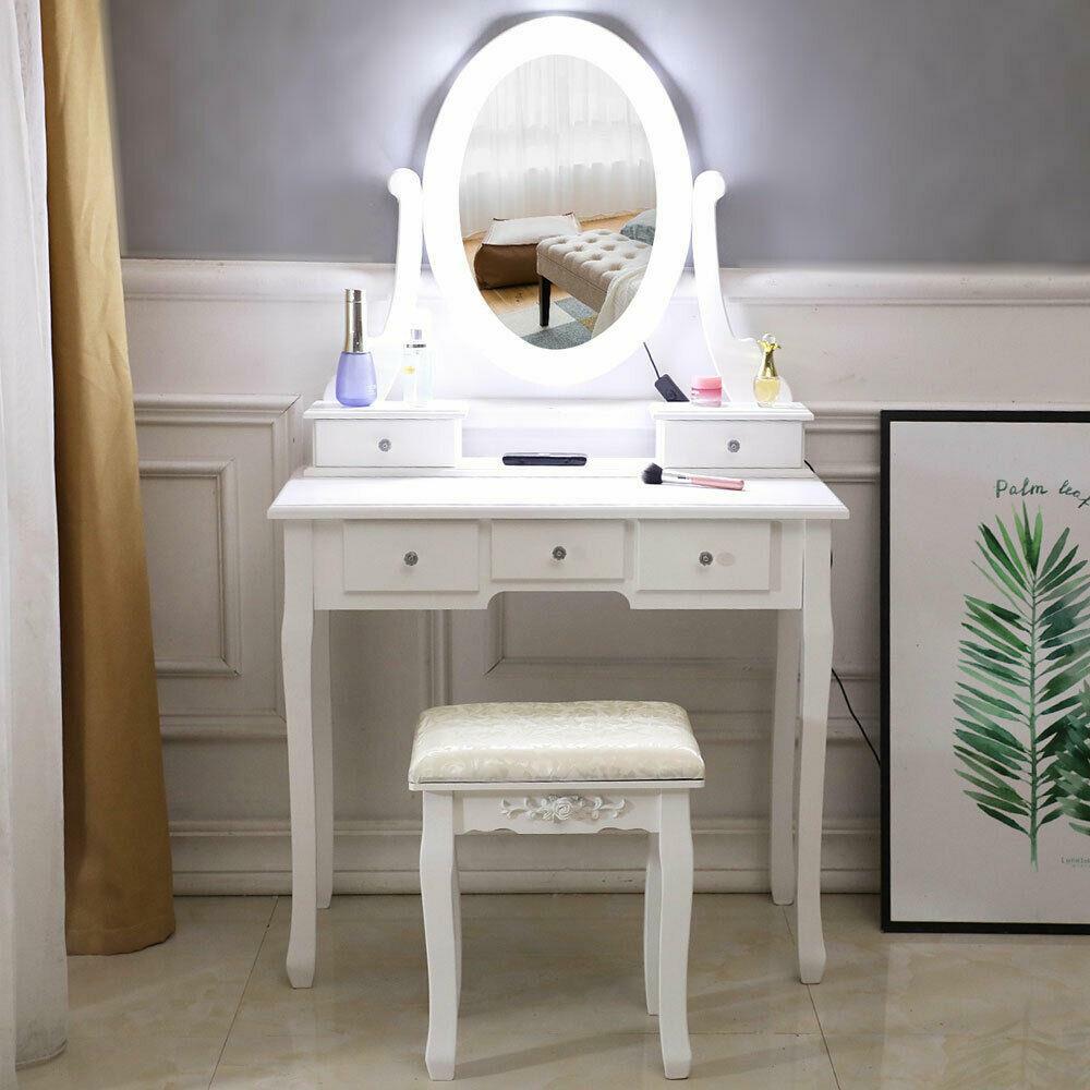 LED Makeup Vanity Table Set with 10 Lights Mirror and 5 Drawers Dressing Desk