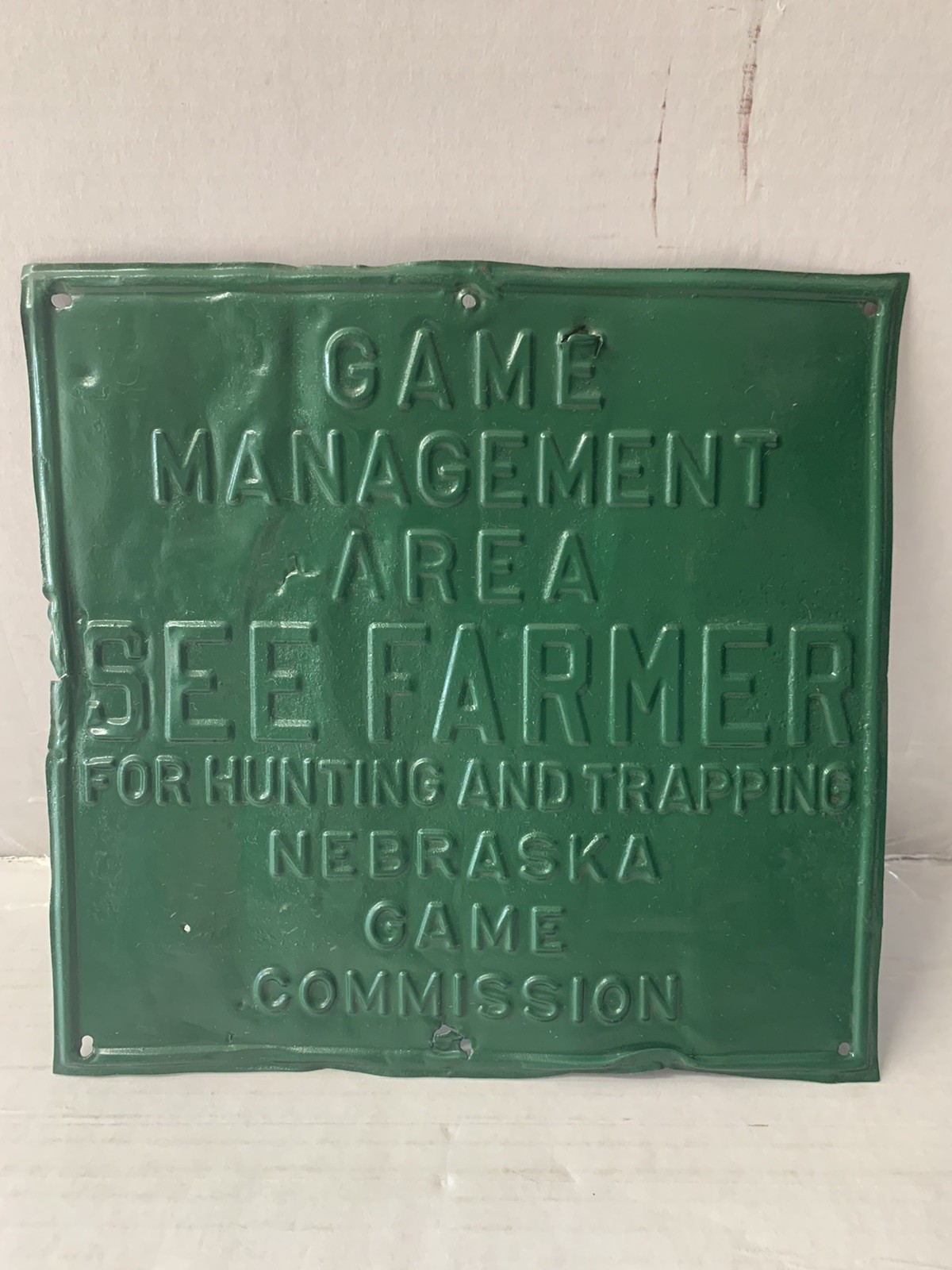 Vintage Nebraska Game Management Area See Farmer For Hunting Metal Sign-VERYRARE