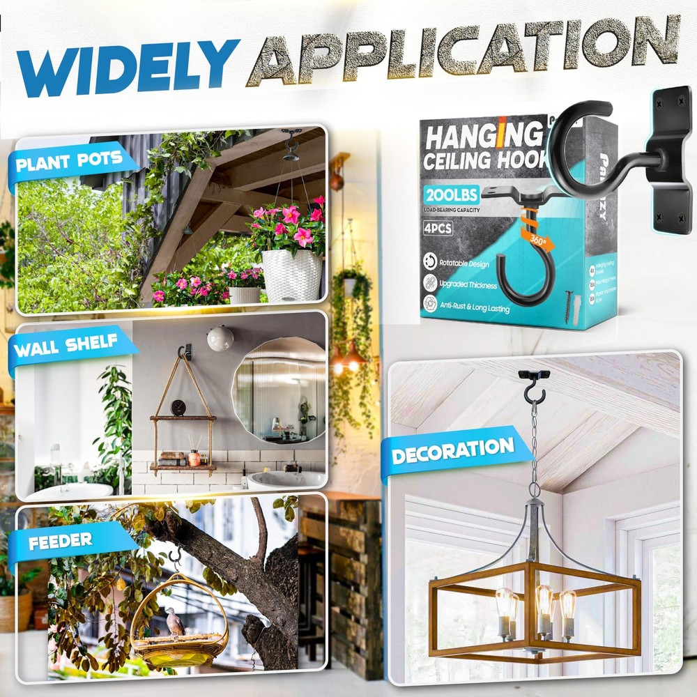 [UPGRADED] 4Pcs 200LBS Rotatable Ceiling Hooks with 4 Screw Points Base, Wall...