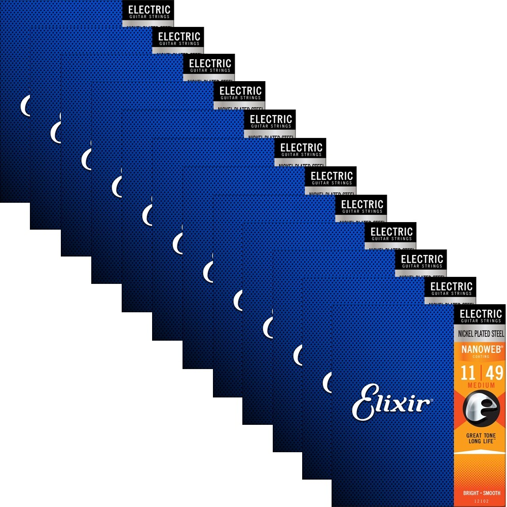Elixir Nanoweb 12102 Medium Coated Electric Guitar Strings 11-49 (12-Pack)