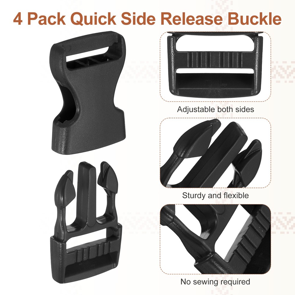 4 Pack Quick Side Release Buckle, 1" Plastic Buckle Clip, Black