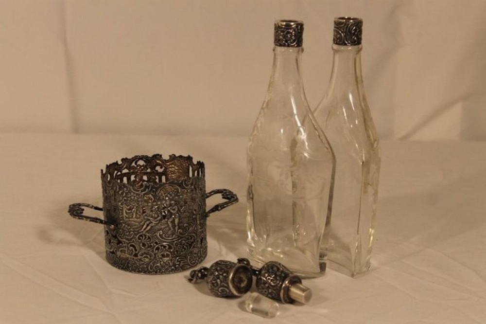 Antique Silver & Cut Glass Double Decanter.