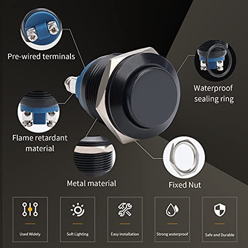 5pcs 19mm Momentary Push Button Switch Black Shell, IP65 19mm Black Shell