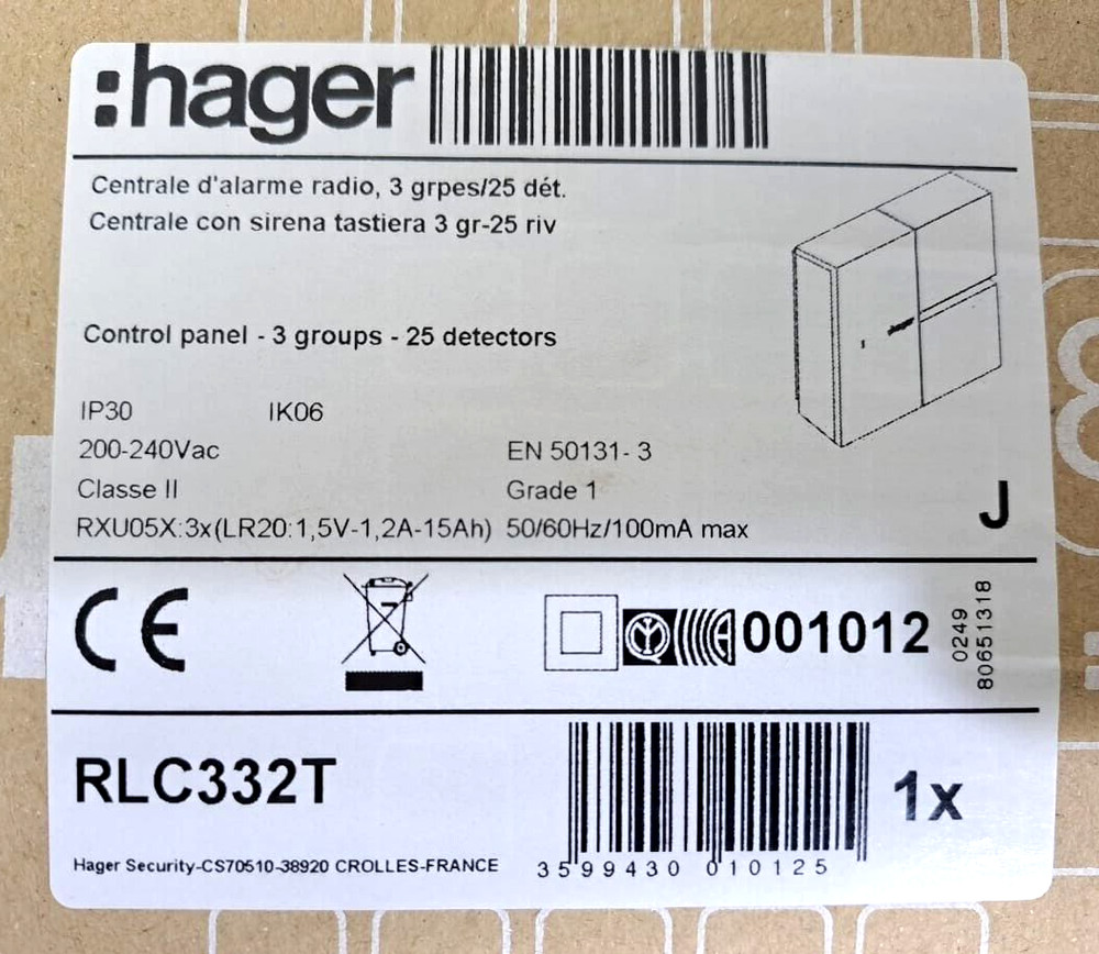 HAGER RLC332T CONTROL PANEL - 3 GROUPS - 25 DETECTORS