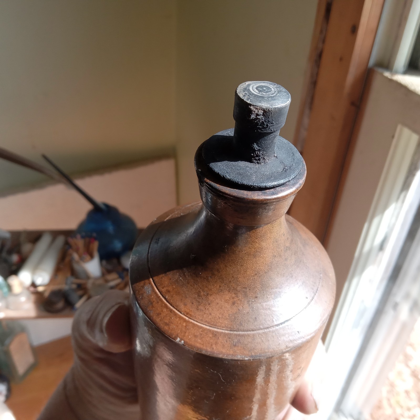 1870s STONEWARE MASTER INK BOTTLE WITH ORIGINAL METAL STOPPER