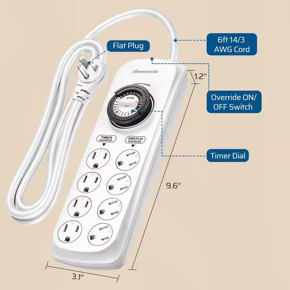 Mechanical Indoor Timer Power Strip with 8-Outlets, Countdown, Flat Plug, 6 Ft.