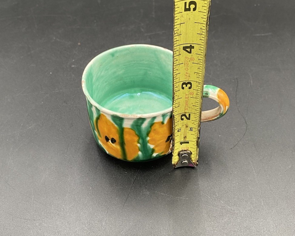 Vintage Rustic Drip Glaze Handled Cup Antique Pattern Yellow Green