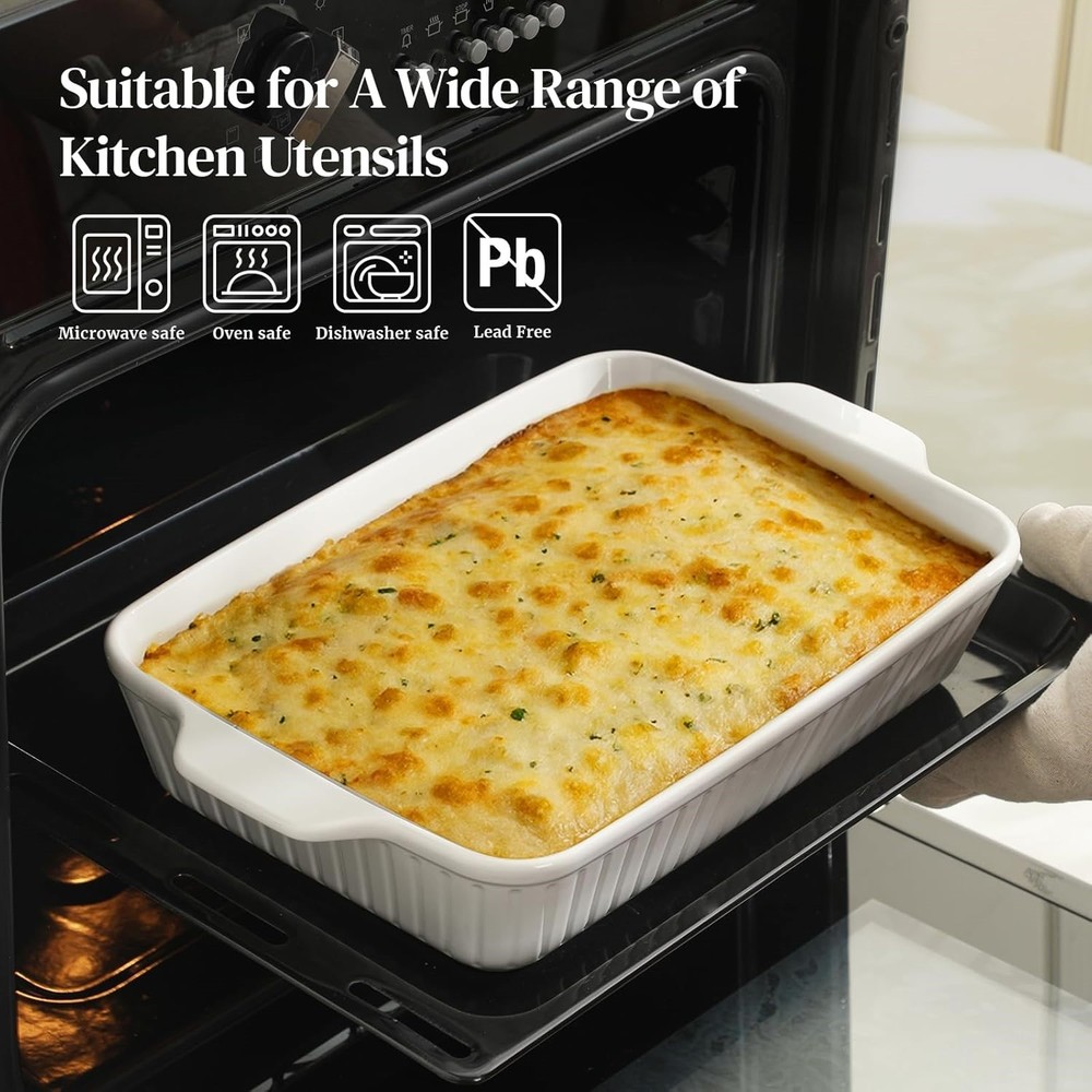 Set of 3 Nesting Ceramic Rectangular Deep Baking Dishes w/ Handles Soft White