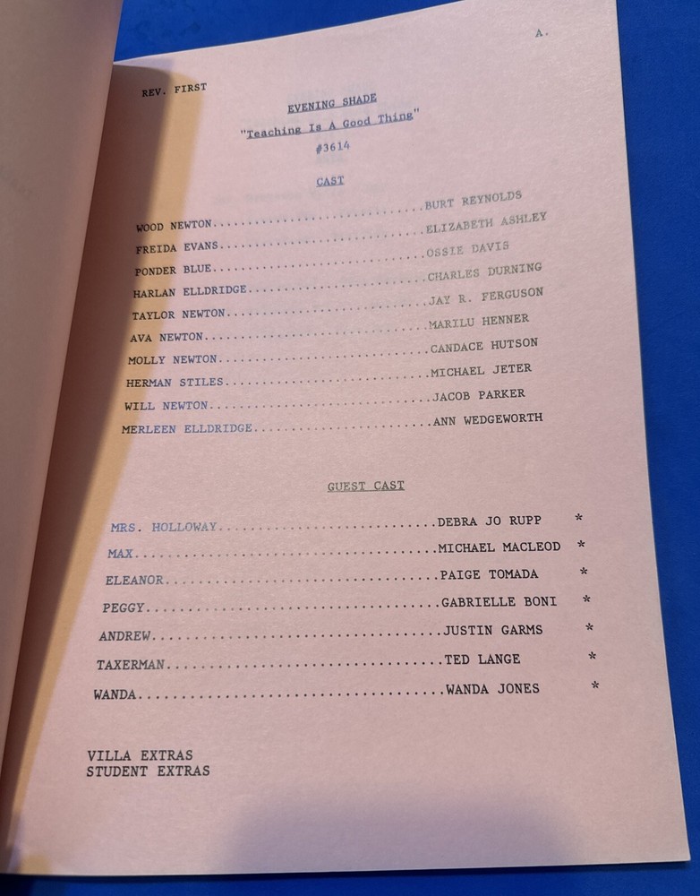 EVENING SHADE TEACHING IS A GOOD THING SET USED SCRIPT FIRST DRAFT BURT REYNOLDS