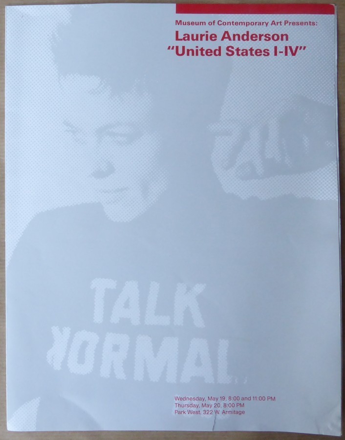 Laurie Anderson: "United States I-IV" May 19 and May 20, 1982 Program Chicago
