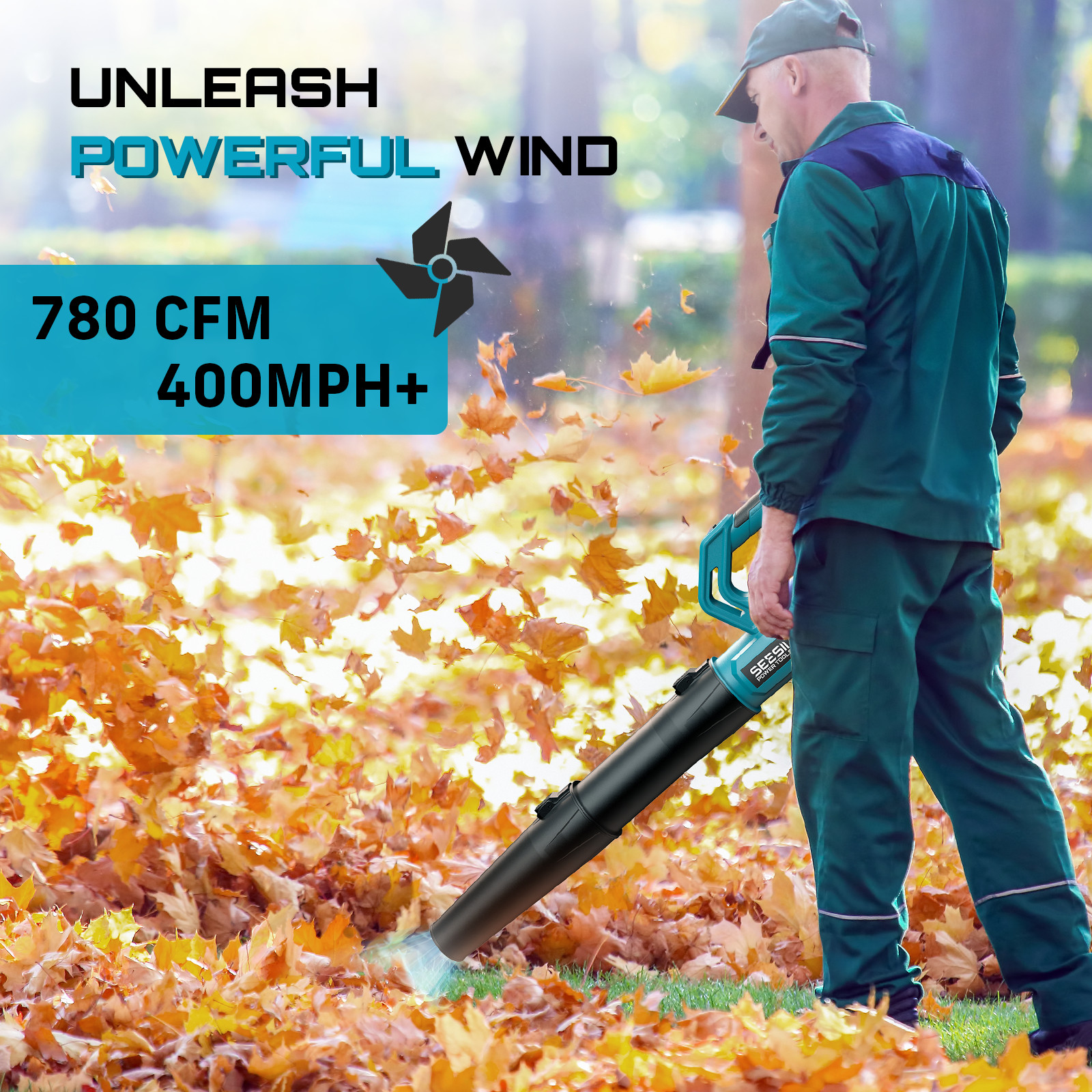 SEESII Cordless Leaf Blower 780CFM/400MPH & Variable Speed Levels 2 x 4000mAh