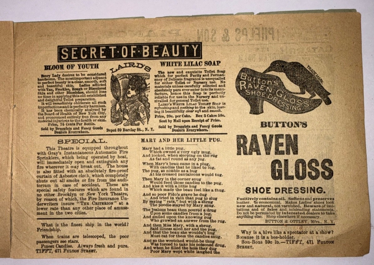 RARE 1887 CRITERION THEATRE PROGRAM CHIMES OF NORMANDY AT FULTON & GRAND AVENUE