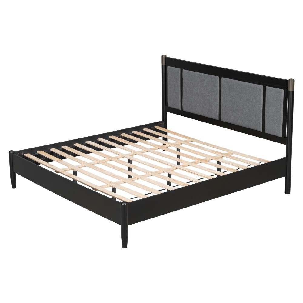 Solid Wood King Bed Frame w/ Upholstered Headboard, 600lb Support, Black