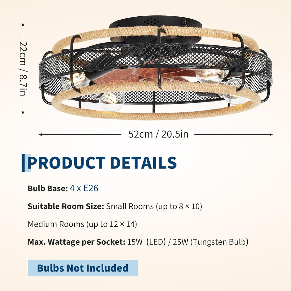 20'' Flush Mount Caged Ceiling Fan, Boho Flush Mount Ceiling Fan with Light with