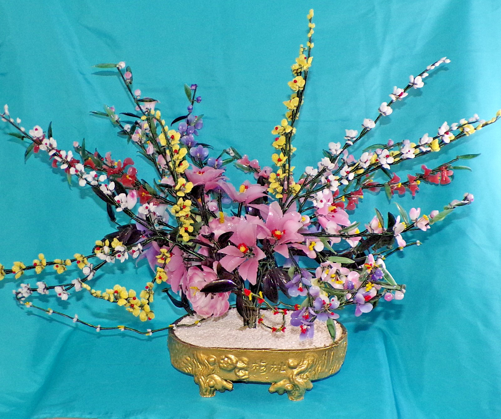 Large Jade Quartz Stone Glass Flower Bonsai Tree Vintage 20H x 30W Centerpiece