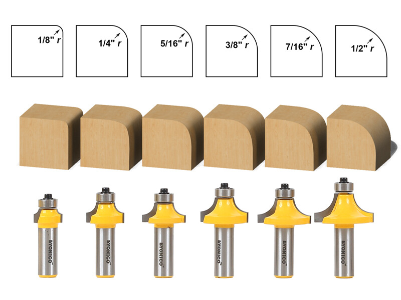 6 Bit Round Over Edge Forming Router Bit Set - 1/2" Shank - Yonico 13622
