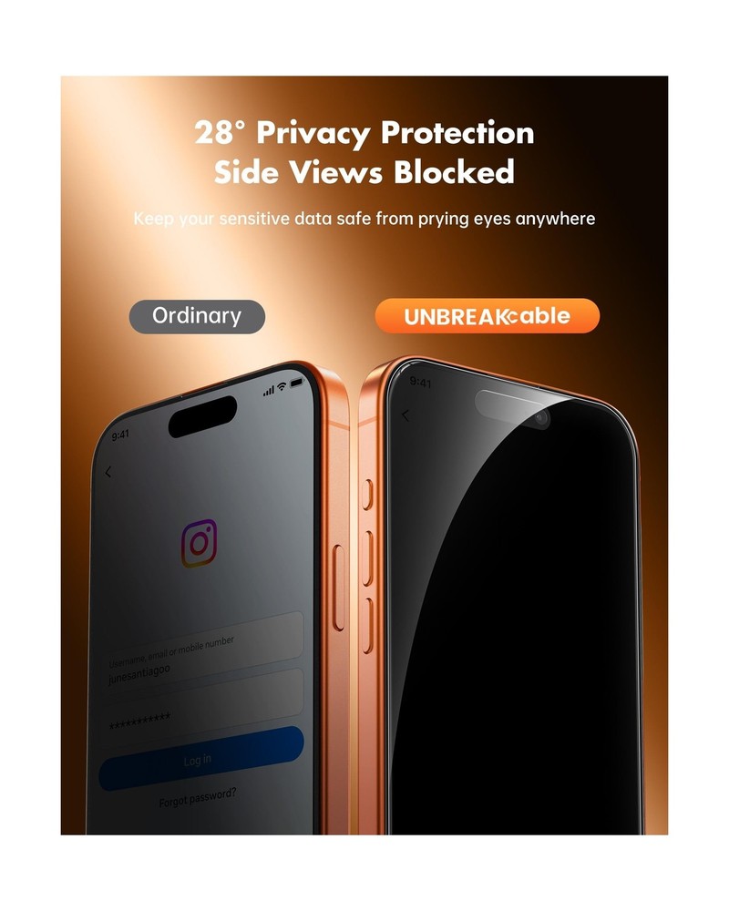 UNBREAKcable Privacy Screen Protector for iPhone 17 Pro Max, Shatterproof Tem...