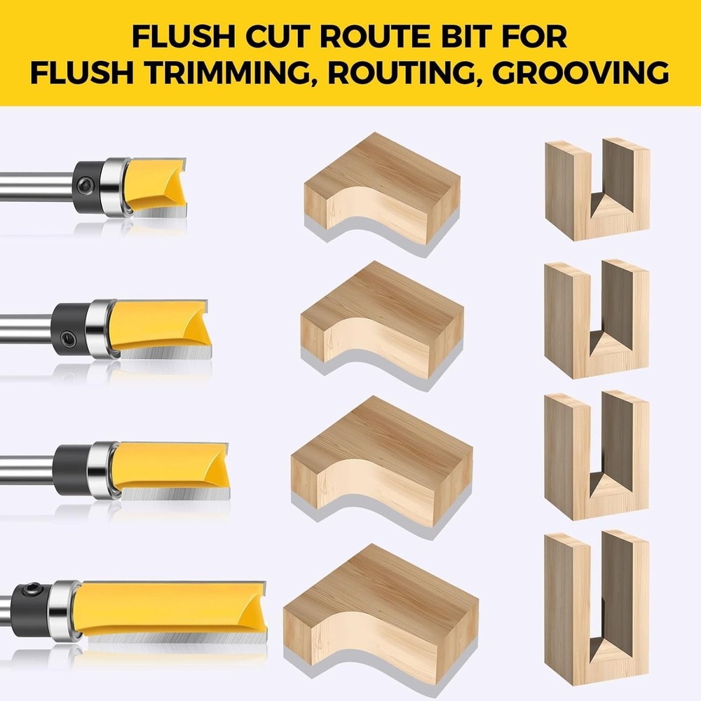 4PCS Flush Trim Route Bit 1/4 Shank, Pattern Flush Cut Route Bit with Bearin...